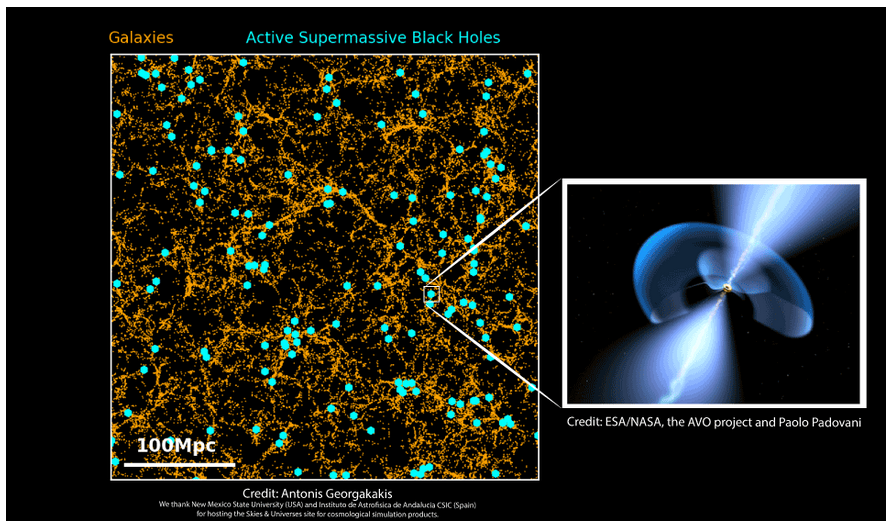 Simulation of the cosmic web as traced by galaxies and active galactic nuclei. The orange dots show the positions of simulated galaxies. These are organised in groups, and clusters, which in turn are connected by filaments and separated by low-density voids. The cyan dots mark active supermassive black holes within the galaxy population. We use observations on the incidence of AGN in galaxies to map accretion events (i.e. the blue circles) onto simulated galaxies.